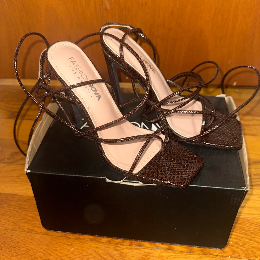 Fashion Nova Dark Brown Strappy Heels